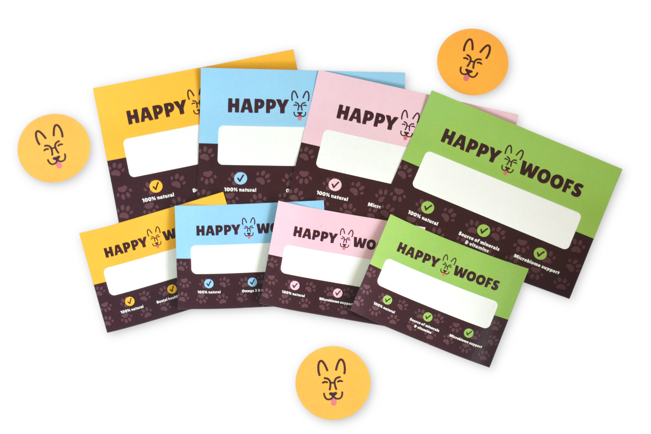 Happy_Woofs Printed pet product packaging labels for a dog treat brand