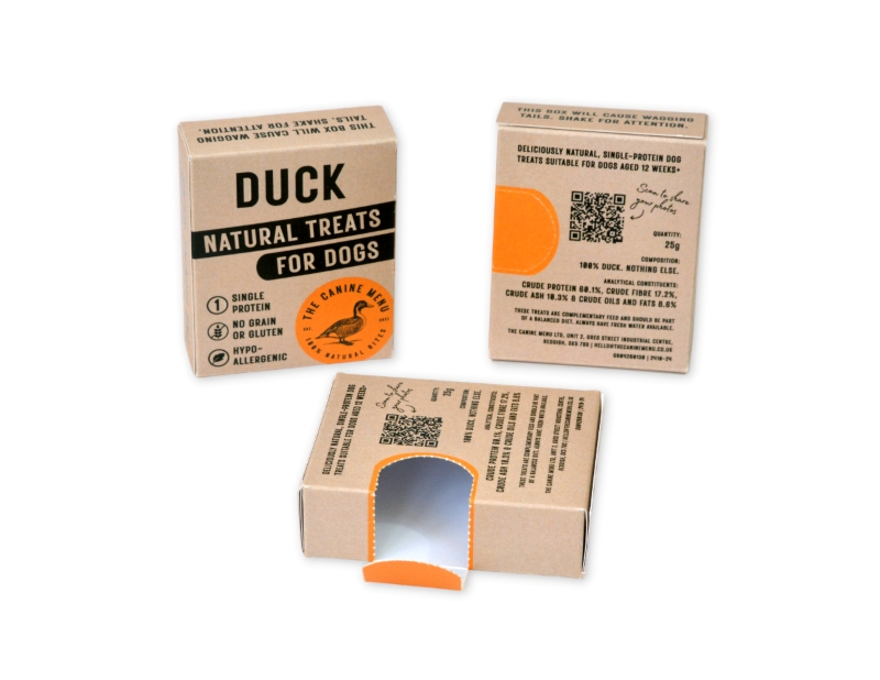 Canine-Menu Printed pet food boxes for natural duck dog treats with window cut-out